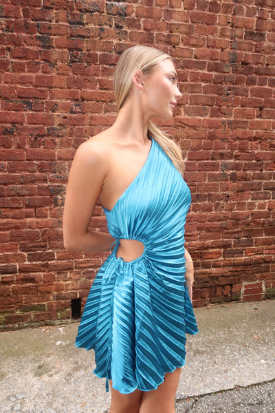 Metallic Blue Pleat Dress