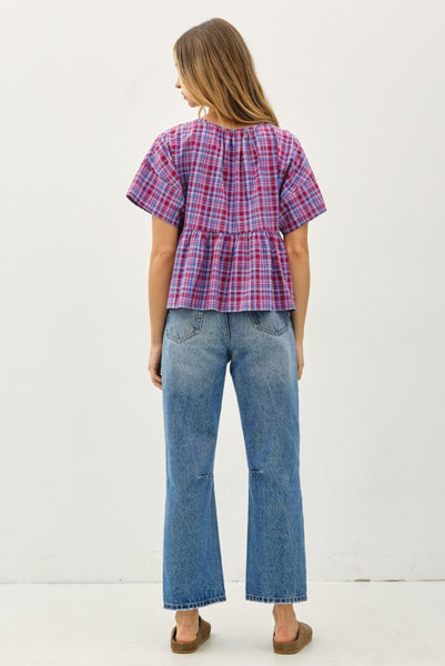 Red Blue Check Peplum Top