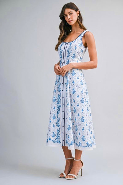 White Blue Floral Sleeveless Midi Dress