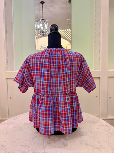 Red Blue Check Peplum Top