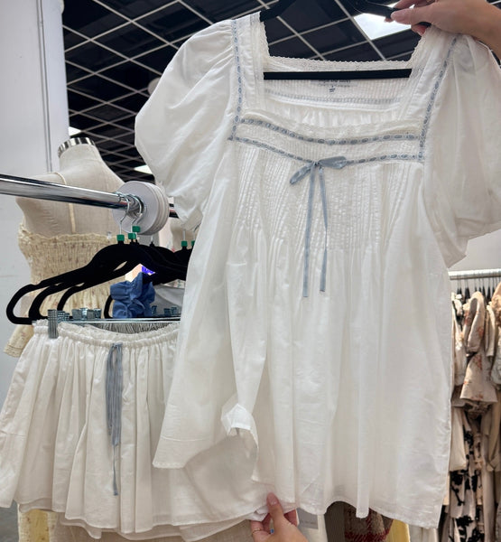 White Blue Ribbon Short Set