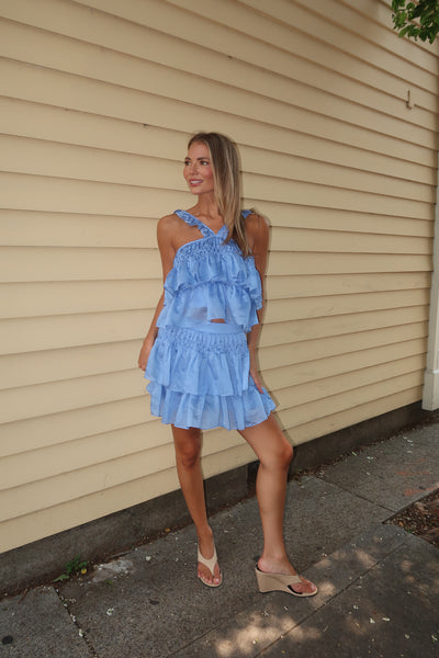 Icy Blue Ruffle Top Skirt Set