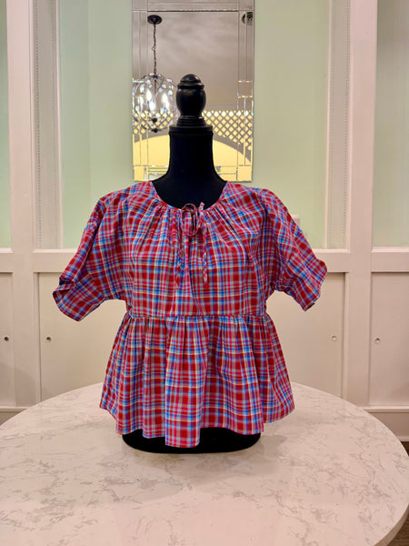 Red Blue Check Peplum Top