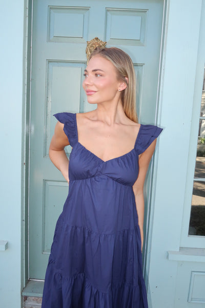 Navy Midi Ruffle Sleeve Dress