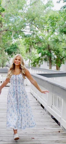 White Blue Floral Sleeveless Midi Dress