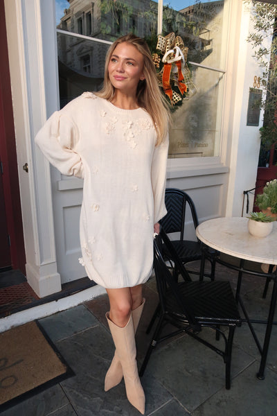 3D Cream Flower Sweater Dress