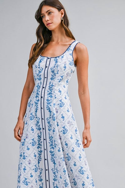 White Blue Floral Sleeveless Midi Dress