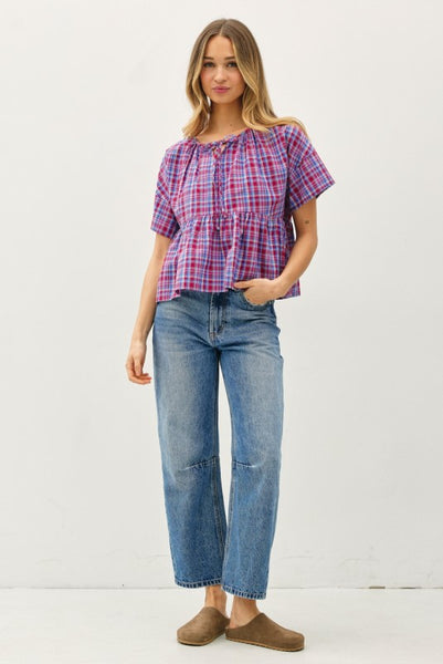 Red Blue Check Peplum Top