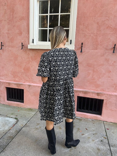 Black Floral Embroidery Front Tie Dress