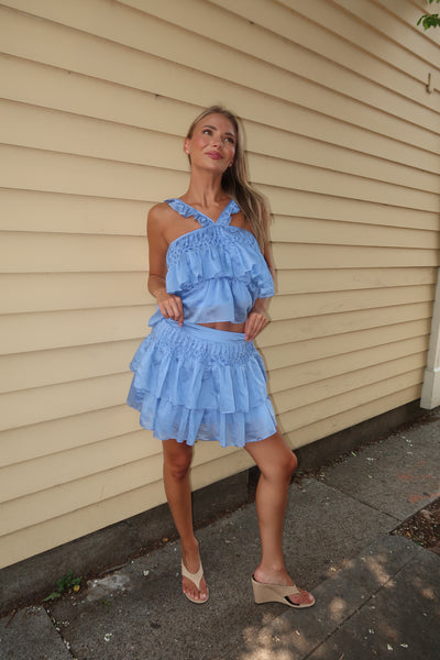 Icy Blue Ruffle Top Skirt Set
