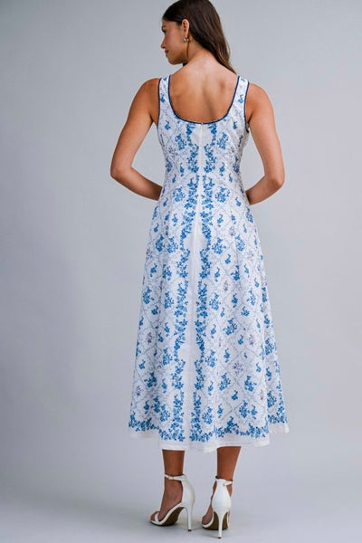 White Blue Floral Sleeveless Midi Dress