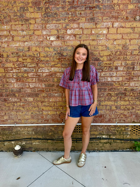Red Blue Check Peplum Top