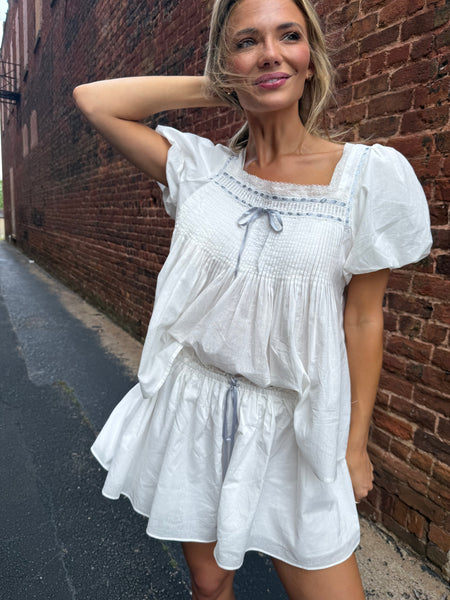 White Blue Ribbon Short Set