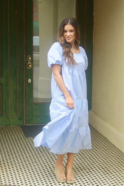 Blue Puff Sleeve Midi Dress