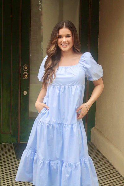 Blue Puff Sleeve Midi Dress