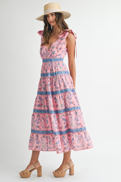 Pink Printed Tiered Midi Dress