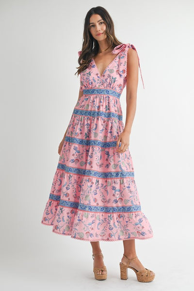 Pink Printed Tiered Midi Dress