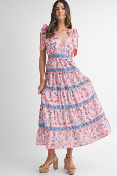 Pink Printed Tiered Midi Dress