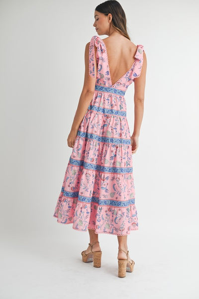 Pink Printed Tiered Midi Dress