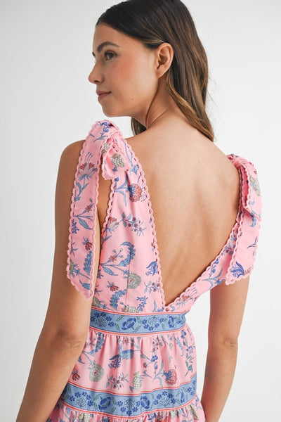 Pink Printed Tiered Midi Dress