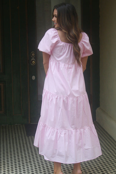 Pink Puff Sleeve Midi Dress